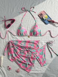 Swim Mod 女士沙滩夏季三件套：印花吊带上衣、侧系带比基尼泳裤和透明纯色纱笼裙，度假比基尼套装，Zestiva泳装，尊巴舞服装，斑马纹比基尼，Ytk服装，Zante假日服装，Yummy Control泳装 - 彩色 - 查看 4