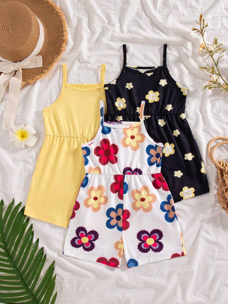 SHEIN Playful Pals 3件組少女夏季2026新款花卉印花與純色連身褲,無袖白色海灘度假套裝,極簡度假服飾 - 彩色 - 查看 1