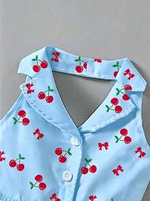 SHEIN Elladie kids 女童夏季新款时尚Polo领露背吊带束腰甜美度假风连衣裙，少女正式礼服 - 淺藍色 - 查看 3
