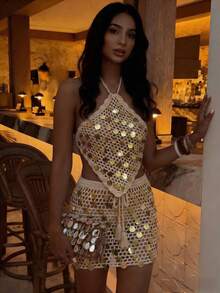 Selianne Áo khoác ngoài đi biển mùa xuân/hè mới, váy dệt kim móc đính sequin màu mơ nhạt buộc dây rút kiểu dáng thường ngày dành cho nữ. - Màu be - Xem 1
