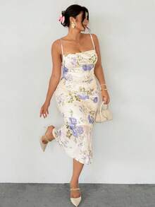 Firerie Plus Size Elegant Minimalist Spaghetti Strap Full Print Pink Playful Date Afternoon Tea Fitted Mermaid Midi Dress - Blue - View 1