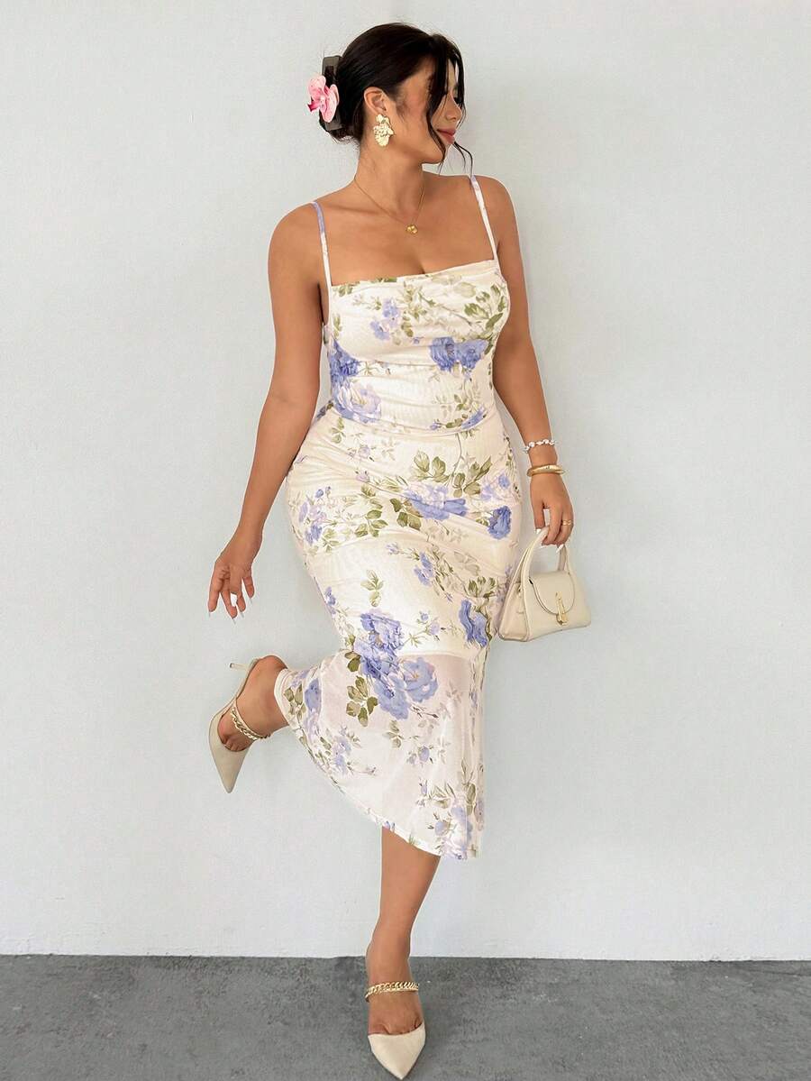 Firerie Plus Size Elegant Minimalist Spaghetti Strap Full Print Pink Playful Date Afternoon Tea Fitted Mermaid Midi Dress - Blue - View 1