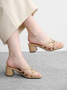 CUCCOO BIZCHIC 女士卡其色镂空鞋面高跟凉鞋，方头舒适高跟凉鞋，通勤款凉鞋 - 卡其色 - 查看 1