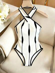 Franclia Nuevo body ajustado con recorte cruzado sin espalda para mujer, versátil minimalista, parte superior con estampado floral en blanco y negro, body en blanco y negro, adecuado para el trabajo, el trayecto, exudando encanto intelectual, verano, vacaciones de verano, primavera, ropa de primavera para mujer, playa, cumpleaños, vestido de cumpleaños, salida, vacaciones, casual, Y2K, atuendo de temporada de graduación, body sin espalda versátil y de moda de uso diario casual en blanco y negro/body - Blanco y Negro - Ver 1