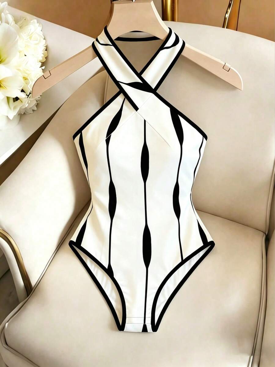 Franclia Nuevo body ajustado con recorte cruzado sin espalda para mujer, versátil minimalista, parte superior con estampado floral en blanco y negro, body en blanco y negro, adecuado para el trabajo, el trayecto, exudando encanto intelectual, verano, vacaciones de verano, primavera, ropa de primavera para mujer, playa, cumpleaños, vestido de cumpleaños, salida, vacaciones, casual, Y2K, atuendo de temporada de graduación, body sin espalda versátil y de moda de uso diario casual en blanco y negro/body - Blanco y Negro - Ver 1