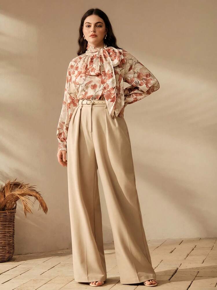 Plus Size Women's Elegant Vintage Chiffon Jacquard Long Sleeve Blouse, Suitable For Daily Commute, Dates, And Light Social Occasions, Spring/Summer