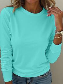 EMERY ROSE A Large-Sized Green Round-Neck Long-Sleeved T-Shirt, Comfortable To Wear And Versatile In Use Fall - Blue - View 1