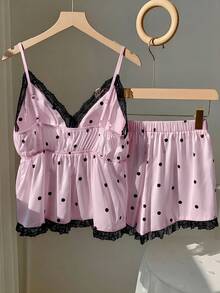 Comfortcana 2026春夏新款时尚针织吊带背心套装，包含带衬垫文胸和短裤，蕾丝边饰，适合女士夏季穿着、情人节海滩装扮、度假服饰。 - 粉色 - 查看 2