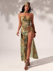 Optris 2件套军绿色丝带热带雨林印花金属贝壳装饰露背吊带高开衩连衣裙，性感迷人，适合海滩、比基尼、派对、夏季穿着。 - 彩色 - 查看 9
