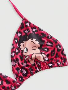 Betty Boop | ROMWE Leopard Print Halter Bra And Panty Lingerie Set - Hot Pink - View 3