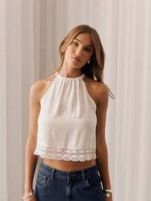 Aralina CROPPED HIGH NECK HALTER WITH LACE HEM - White - View 7