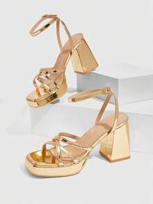 CUCCOO SZL Gold Metallic Block Heel Platform Sandals With Ankle Strap Square Toe Heeled Sandals Summer - Gold - View 5