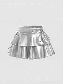 SHEIN MOD 女士休闲抽绳系结双层蛋糕裙，PU材质 - 銀色 - 查看 3