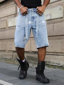 Manfinity EMRG Quần short denim nam màu xanh dương, kiểu dáng thường ngày, in họa tiết và có miếng vá. - Rửa nhẹ - Xem 7