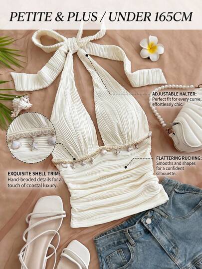 SHEIN PETITE CURVE Plus Size Women Summer Vacation Casual Starfish & Shell Camisole Top & Beach Club Outfit, Cream 2-Piece Shell Swimsuit,Suitable For Occasions Such As Summer, Spring, Valentine's Day, Carnival, Beach, Vacation, Leisure, Parties, Weddings, Etc., Elegant And Fashionable,Mother's Day,King's Day, Summer Outfit For Women, Festival Outfits For Women, Country Style For Women