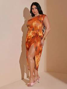 SHEIN BAE Plus Size Women's Asymmetric Ruched Waist Slit Elegant Party Dress - Orange - View 6