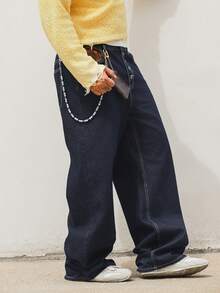 Quần jeans nam màu xanh hải quân đã giặt, thiết kế phối nhiều mảnh vải, cài nút, dáng dài. - Màu xanh lam - Xem 6