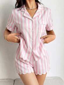 Girls' Pink & White Striped Short Sleeve Shorts Pajama Set,Cute Summer Pink Checkered Home Wear Nighties,Open Front Ruffled Hem Loungewear - Multicolor - View 11