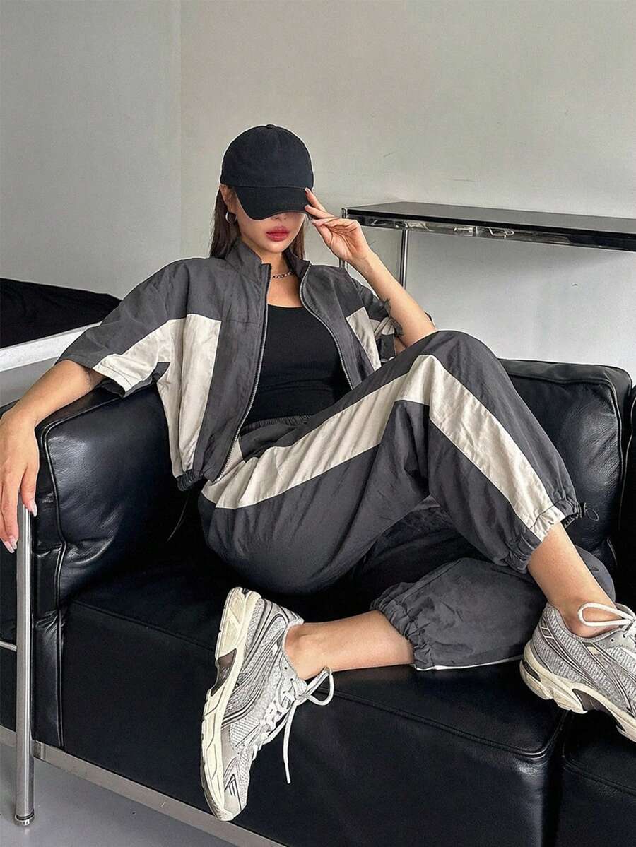 DAZY 女士撞色拼接抽绳拉链外套和休闲口袋裤两件套家居服套装 - 黑色 - 查看 1
