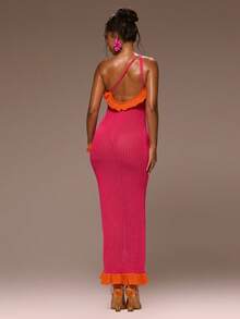 MUSERA Vestido maxi con volantes asimétricos de contraste de punto, primavera y verano, para vacaciones, salidas nocturnas, ocasiones lindas, arenas doradas - Rosa Fucsia - Ver 4