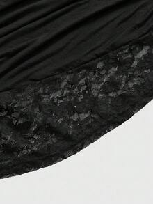 ROMWE Goth 春/夏大尺碼女款寬鬆蝙蝠袖蕾絲飾邊垂領T恤 - 黑色 - 查看 4