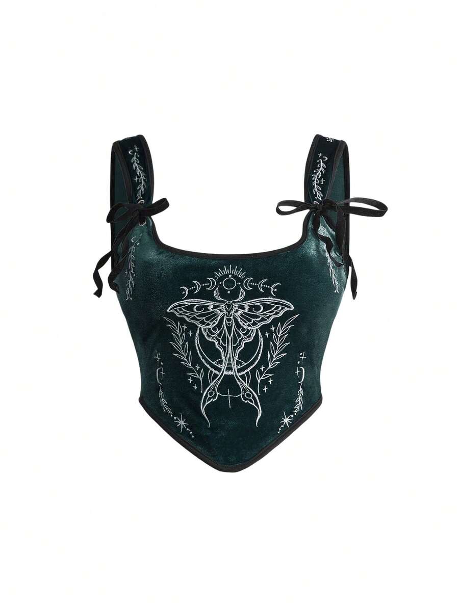 ROMWE Goth 哥特式暗黑风格刺绣飞蛾撞色宫廷领紧身天鹅绒背心 - 綠色 - 查看 1