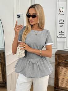 Easowa Maglietta a peplum con stampa a righe, casual per vacanze e pendolarismo, outfit estivo da donna, abbigliamento casual - Bianco e nero - Visualizzare 3