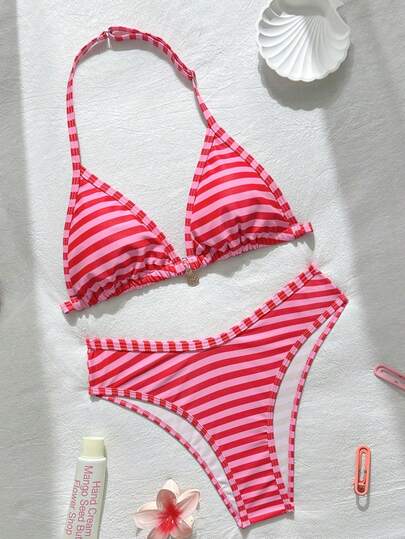 SHEIN Bộ bikini hai mảnh hở lưng, cổ yếm, sọc nhiều màu sắc dành cho thiếu nữ, thích hợp cho kỳ nghỉ hè trên bãi biển.