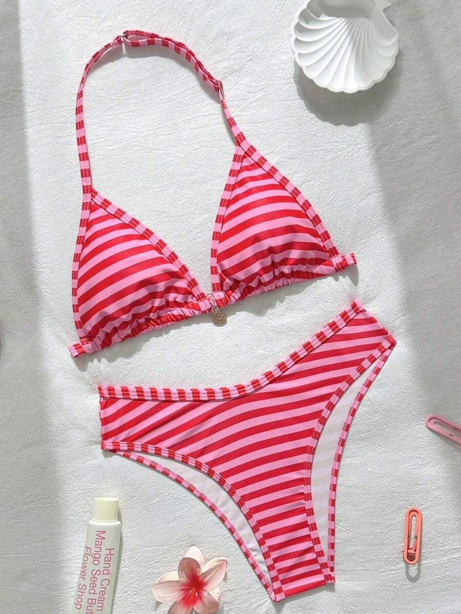 SHEIN Bikini de cuello halter sin espalda a rayas de colores para adolescentes, ideal para verano y vacaciones en la playa - Multicolor - Ver 1