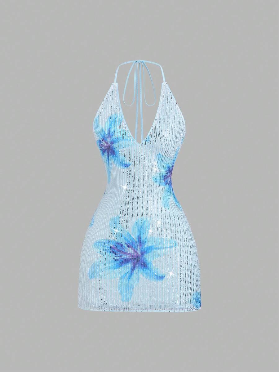 SHEIN Sweetro Women's New Spring/Summer Suitable For Vacation, Party, Elegant Romantic Floral Sequin Fabric Deep V-Neck Design Backless Tie Strap Mini Dress - Blue - View 1