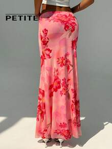 SHEIN Aloruh Petite 娇小女装夏季新款粉色优雅印花波西米亚风热带海滩度假低腰长裙 - 粉色 - 查看 2