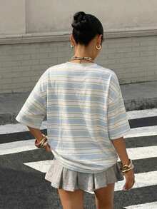 Muchica Áo thun ngắn tay nữ cổ tròn kẻ sọc, kiểu dáng thường ngày, đa năng. - Nhiều màu - Xem 2