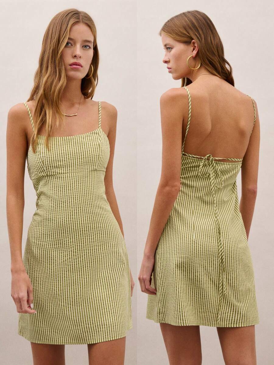 Nöista 条纹迷你连衣裙，方领设计，后背配有可调节肩带。适合夏季、春季、假日、节日、度假等场合。 - 綠色 - 查看 1