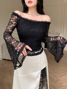 Modelyn 黑色蕾丝露肩荷叶边长袖性感休闲T恤 - 黑色 - 查看 6
