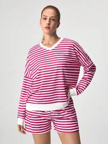 Loungeista Women Striped Long Sleeve Top And Shorts Lounge Set, Loose Fit, Color Block, V-Neck Casual Sleepwear Cozy Outfit, Fall Winter Clothesfor Summer - Purple - View 1