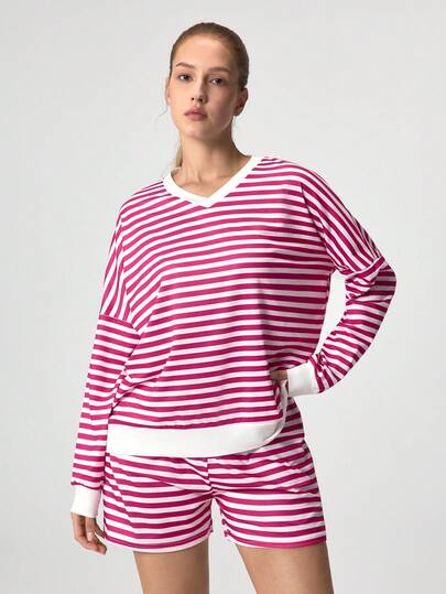 Loungeista 女士条纹长袖上衣和短裤家居服套装，宽松版型，撞色设计，V领休闲舒适睡衣套装，秋冬服装