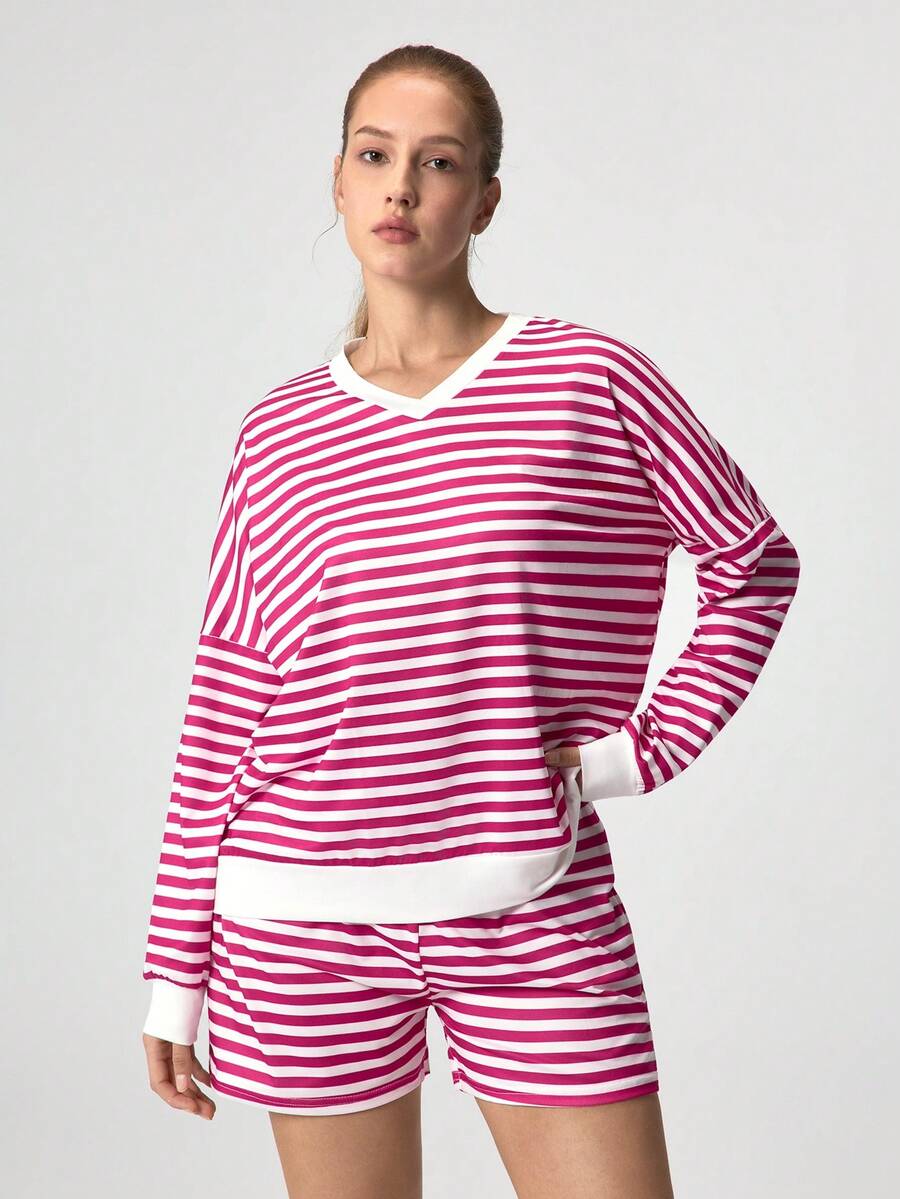 Loungeista Women Striped Long Sleeve Top And Shorts Lounge Set, Loose Fit, Color Block, V-Neck Casual Sleepwear Cozy Outfit, Fall Winter Clothesfor Summer - Purple - View 1
