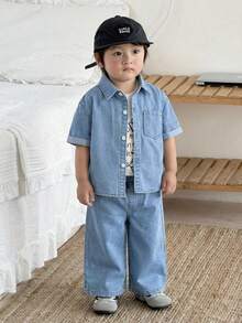 男婴牛仔宽松衬衫和阔腿裤两件套，蓝色 - 淺色水洗藍 - 查看 4