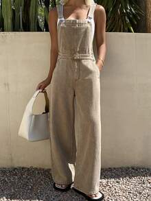 Livesso Bộ áo liền quần denim nữ kẻ sọc có túi, kiểu dáng thường ngày, đa năng. - Màu be - Xem 4
