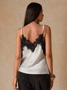 SHEIN BAE قميص نسائي أنيق أبيض مزين بالدانتيل المتباين، مناسب للارتداء مع ملابس علوية أنيقة، ملابس كاجوال، وجبة الغداء، ملابس علوية جذابة، ملابس علوية من الساتان والدانتيل، ملابس علوية لعطلة الربيع، ملابس علوية صيفية، ملابس علوية بيضاء، ملابس لرحلات البحر، ملابس علوية أنيقة للحفلات، ملابس منتجع، ملابس علوية أنيقة للسيدات - أبيض - مشاهدة 2
