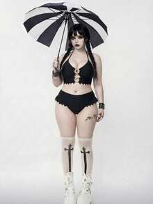 ROMWE Goth Plus Size Women Metal Decor Bikini And Triangle Briefs Swimwear Set - Black - View 3