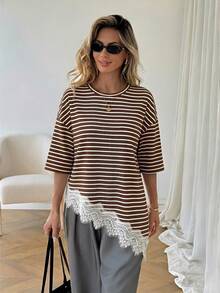 SHEIN LUNE Camiseta casual de mujer con rayas, parches de encaje y bajo asimétrico, adecuada para vacaciones de verano, ir al trabajo y uso diario - Marrón - Ver 6