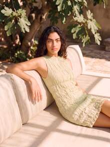 lacRébo Đầm ngắn không tay màu xanh bạc hà xếp ly với vải thêu, phong cách Pháp mùa xuân hè, đầm dự tiệc kiểu Paris, đầm thanh lịch. - màu xanh lá - Xem 1