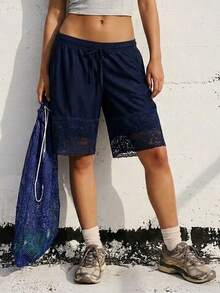 Fluxe Pantaloncini larghi da donna con coulisse in vita e pizzo a contrasto - Blu Navy - Visualizzare 1