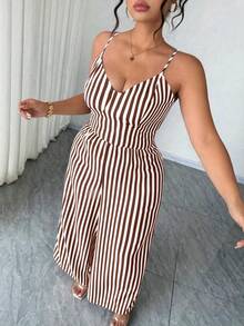 Elenzga Bộ jumpsuit nữ cỡ lớn thời trang thường ngày kẻ sọc hoa văn, cạp chun, dây mảnh, lưng hở, thắt nơ, thích hợp cho mùa xuân/hè, đi học, nghỉ lễ, tốt nghiệp, Ngày lễ tình nhân, Giáng sinh, lễ hội âm nhạc, Ngày của Mẹ, Halloween, Lễ Tạ ơn, Lễ Phục sinh, Ngày Quốc khánh, dạ hội, sinh nhật, tiệc hẹn hò, mùa cưới, dã ngoại. - Cà phê nâu - Xem 7