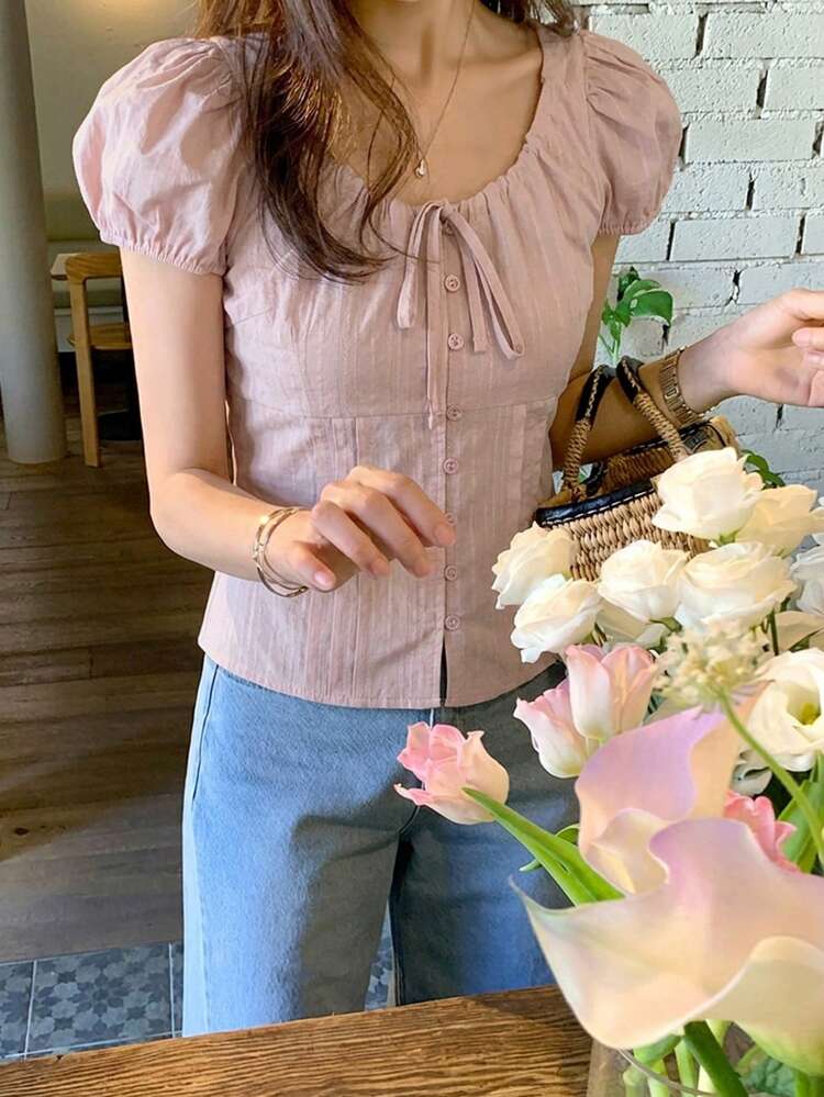 Women's Solid Color Fitted Tie-Waist Petal Sleeve Fitted Short Sleeve Blouse, Pink, Spring/Summer