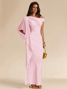 SHEIN BAE 女士纯色修身优雅长连衣裙，简约设计，适合夏季穿着 - 淺粉色 - 查看 6