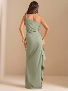 SHEIN Tall CURVE CURVE Vestido midi elegante de talla grande para mujer alta, color verde salvia, hombro asimétrico, fruncido, cintura alta y ceñida, atuendo de verano para invitada de boda y fiesta - Limelight Green - Ver 4