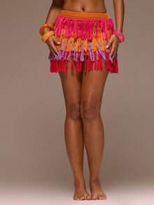 MUSERA Knitted Layered Fray Mini Skirt Girly Spring Summer Vacation Night Out Cute Occassion Golden Sands - Multicolor - View 3