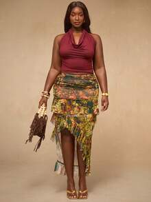 SHEIN BAE Plus Size Women's High Waist Asymmetric Tie-Dye Print Skirt,Tropical Animal & Plant Print Chiffon Asymmetrical Layered Ruffle Hem Skirt, Suitable For Vacation, Evening Party, Summer Party, Beach, Brunch, Layered Ruffle Hem Skirt, Patterned Skirt Tropical Skirt Long Floral Skirt Sarong Skirt Tropical Outfits Women Ruffle Skirt,Vacation Outfits Women,Summer Outfits,Beach Outfits For Woman, - Multicolor - View 5